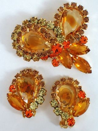Vtg D&e Juliana Brooch & Clip Earrings Set Yellow Givre Marquise Rhinestone
