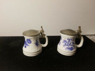 2 Vintage Miniature Lidded German Porcelain Steins Shot Glasses Rein Zinn BMF 2