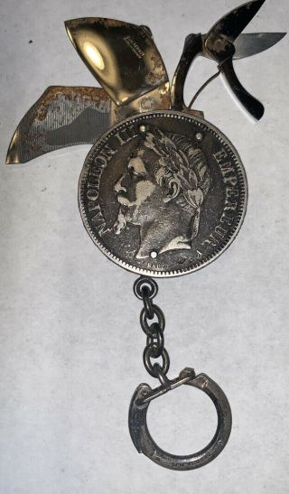1868 5F Five Franc Napoleon III Empire of France Pocket Knife Coin Keychain Ring 2