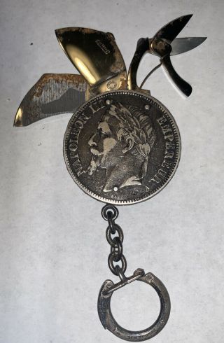 1868 5F Five Franc Napoleon III Empire of France Pocket Knife Coin Keychain Ring 3