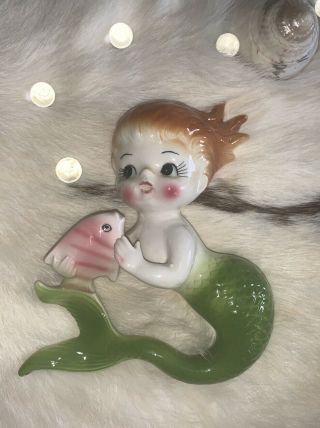 Vintage Norcrest Ceramic Mermaid Holding A Pink Fish Wall Plaque