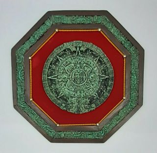 Vintage Aztec Mayan Calendar Mexican Folk Art Sun God Malachite Wood 14.  5 Inches