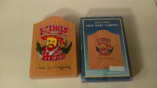 Vintage Kings Head Pub & Lodging Dart Board Set In Wood Cabinet W Darts Mini
