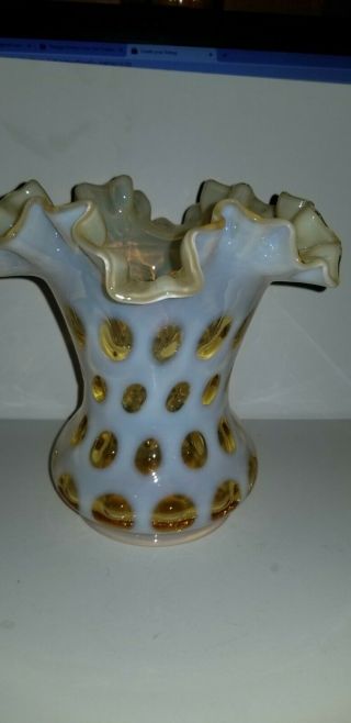 Vintage Early Fenton Coin Dot Ruffled Honeysuckle Yellow Topaz Glass Vase