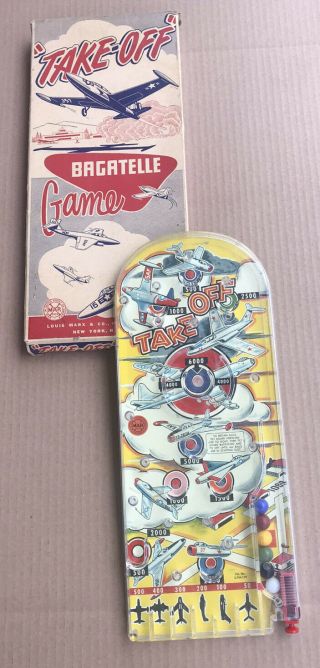 Take - Off Airplane Pinball Game Marx Tin Toy Vintage Old Plane Silhouette War Fly