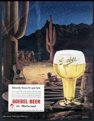 1951 Goebel Beer Glass Desert Campfire Horse Saguaro Cactus Art Vintage Print Ad