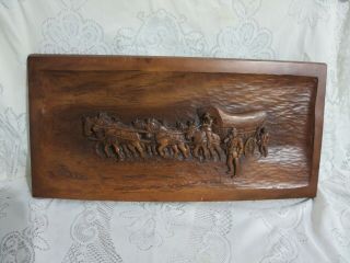 1973 Large Wood Carving Pioneers Chuck Wagon Horses Wall Hanging