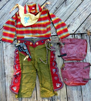 Complete Red Ranger Cowboy Outfit Size 4 W/rope Chaps Neckerchief Gun Wyandotte