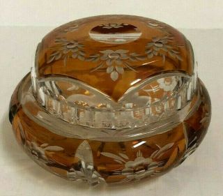 Vintage Bohemian Czech Art Glass Amber Cut To Clear Covered Candy Trinket Dish