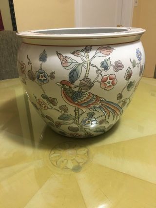 Vintage Chinese Large Fish Bowl Planter Vase W/ Flowers,  Birds And Koi