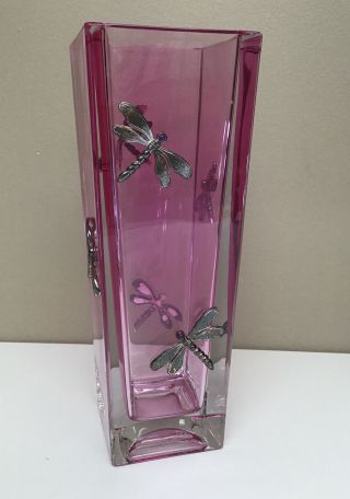Vintage Teleflora 24 Lead Crystal Pink Purple Glass Jeweled Dragonfly Vase
