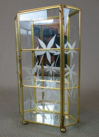 Vintage Flower Motif Brass Glass Curio Display Case Cabinet 3 Tier 9.  5 " Tall