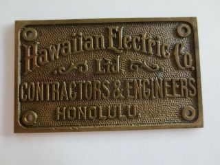 Hawaiian Electric Co Bronze Equipment Tag Badge Territory Of Hawaii