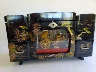 Vtg Japan Lg Black Lacquer Jewelry Music Box Rickshaw Diorama Motion Pagoda
