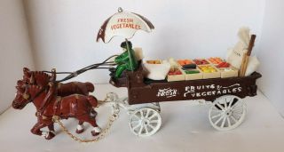 Vintage Cast Iron 2 Horse Drawn Fruit And Vegetables Wagon 15 " Long Clydesdales