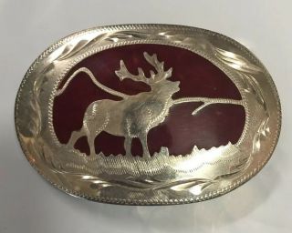 Vintage Bar J Denver Co Western Belt Buckle German Silver Elk Red Enamel Inlay