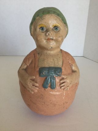 Vintage Antique Baby Girl Child Paper Mache Rollie Pollie Toy Rolly Polly 7 1/2 "