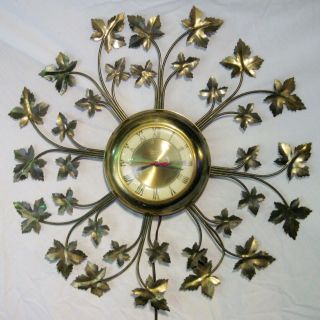 Vtg United Brass Wall Clock Model No.  20 Electric Brass Leaves Sunburst 22 "
