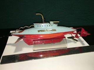 Vtg Tin Toy Submarine Wind Up Tin Unda Wunda Sutcliffe England Toy Boat Pond Toy