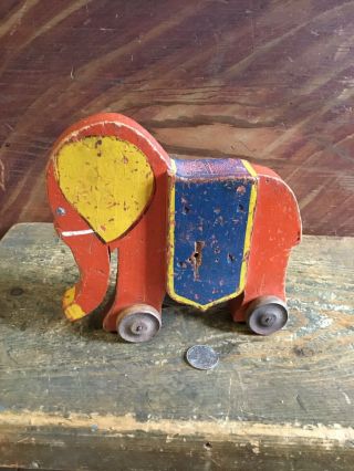 Vintage Primitive Painted Wooden Elephant Pull Toy Ca.  1930’s Toy Kraft Company?