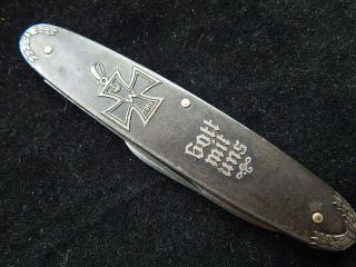 German Wwi Gott Mit Uns Iron Cross Handle Two - Blade Knife C.  Bertram Hen Rooster