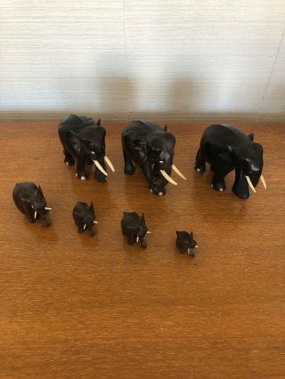 7 Elephant Statues Figurines Vintage Hand Carved Ebony From Africa