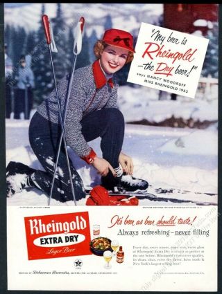 1955 Miss Rheingold Beer Skiing Photo Vintage Print Ad