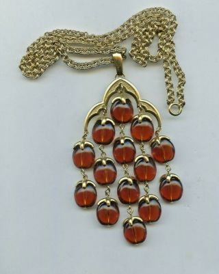 Vintage Crown Trifari Waterfall Necklace Gold Amber Lucite Bead Book Piece
