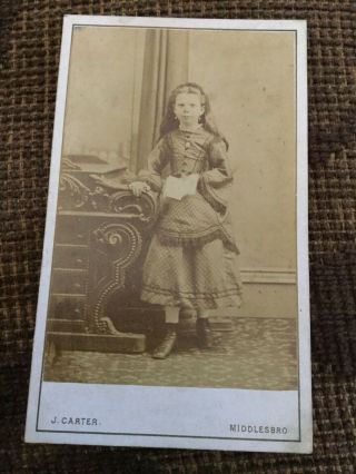 Victorian Cdv Photo Young Girl,  Holding Book,  Long Hair,  Desk - Middlesbrough