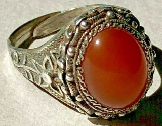 Fine Vintage Chinese Export Silver And Carnelian Ring - Ornate With Cabochon