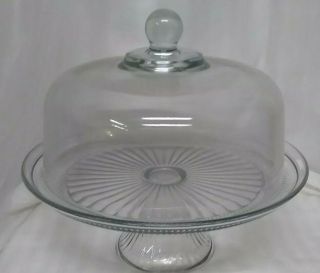 Vtg•crystal•clear Glass•dome Etching•cut•cake Saver On Pedestal•stand•12 " Rx12
