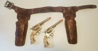 Vintage Mashal Pistol Cap Guns With Holster.  1950 