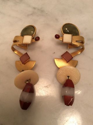 Vintage Gale Rothstein Long Gold Tone Multi Stone Pierced Earrings Modernist