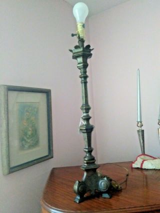 Vintage HEAVY ornate tall altarstick bronze tiffany style table lamp BASE 3 way 2