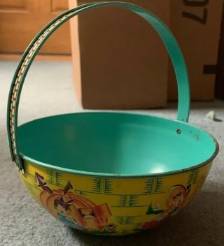 Vintage J.  Chein Tin Litho Easter Basket With Nursery Rhyme Theme Made In Usa