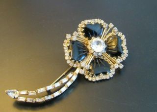 Signed Hobe 1957 Vintage Black Stone Clear Rhinestone Gold Accent Flower Brooch