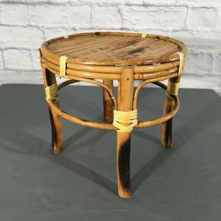 Vtg Mcm Wicker Rattan Bamboo Round Plant Stand Table Top Bonsai Display