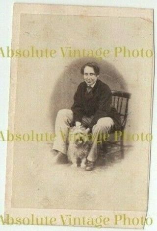 Old Cdv Photograph Young Man With Pet Terrier / Scottie Dog Vintage 1860s