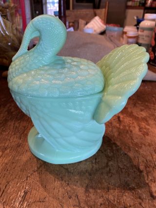 Vintage L.  E.  Smith Jadeite Green Glass Turkey Covered Candy Dish / Bowl