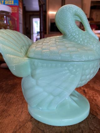 Vintage L.  E.  Smith JADEITE Green Glass Turkey Covered Candy Dish / Bowl 3