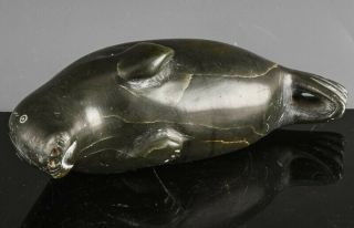 Vintage Inuit Carved Green Soapstone Sculpture Of Seal Or Walrus Signed Numbered