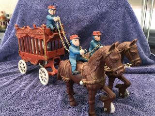 Vintage Cast Iron - Overland Circus Wagon With Polar Bear,  Driver,  2 Out Riders