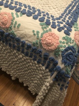 Vintage Twin Chenille Bedspread White - Blue - Pink Green Floral 103 X 86 "