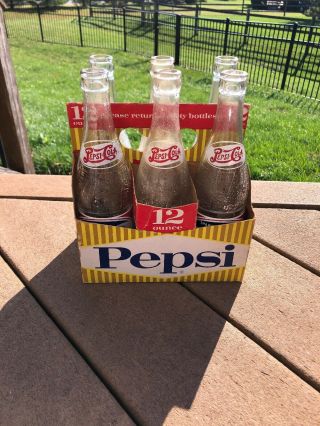 Vintage Pepsi Cola 6 Pack Cardboard Carrier With 6 Double Dot 12 Oz Bottles