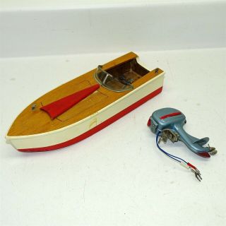Vintage Wooden Toy Boat W/tin Battery Operated Propeller Motor