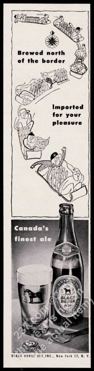 1944 Black Horse Ale Bottle Photo Toboggan Sledding Art Vintage Print Ad