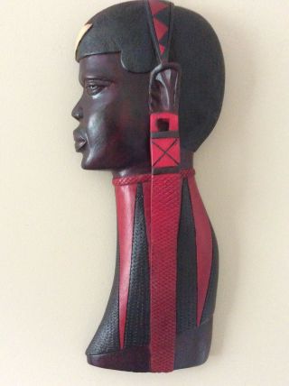 Hand Carved African Wooden Female Tribal Art Sculpture Head Black Brown Red