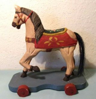 Vintage Toy Wood Hand Painted Carousel Horse On Wheels No String Hair Tail