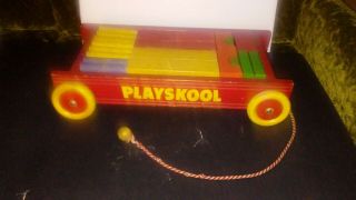 Vintage Red Playskool Wooden Blocks Pull Wagon With Blocks Make Offer