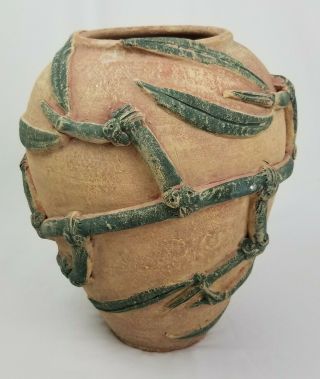 Vintage Terracotta Clay Pottery Vase Planter Raised Bamboo Asian Bohemian 16.  5 "